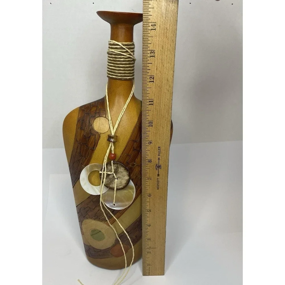 Vtg. MCM Large Polystone Vase Bottle Faux Wood Beaded Cabin Rustic Decor Rare
